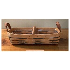 Longaberger Handwoven Cracker/Olive Basket 1999 Leather Handles Contrast Color